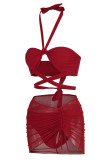 Röd Sexig Solid Bandage Patchwork Drag String Vik Badkläder