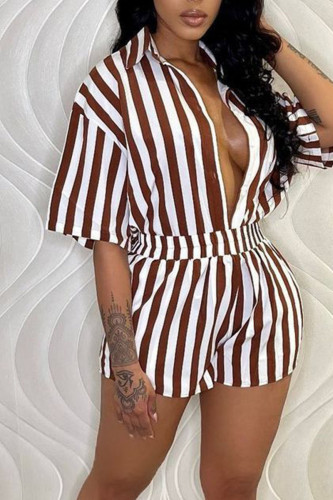 Coffee Casual Striped Print Patchwork Buckle Turndown Collar Short Sleeve Two Pieces