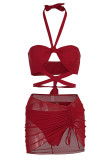 Красный сексуальный сплошной бандаж в стиле пэчворк Draw String Fold Swimwear