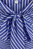 Blauwe casual gestreepte print bandage patchwork gesp turndown kraag rechte plus size jurken