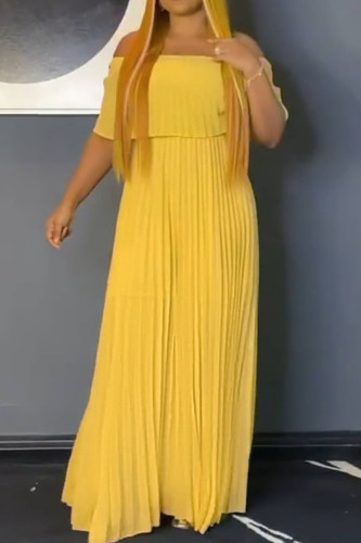 Gele casual effen gespleten gezamenlijke vouw van de schouder rechte jurken