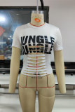 White Fashion Casual Letter Print Ripped O Neck T-Shirts