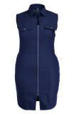 Light Blue Fashion Casual Plus Size Solid Patchwork Turndown Collar Denim Dress