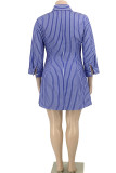 ブルーカジュアルストライププリント包帯パッチワークバックルターンダウンカラーストレートプラスサイズのドレス