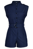 Dark Blue Casual Solid Patchwork Buckle O Neck Sleeveless Straight Denim Jumpsuits