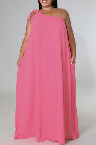 Rose Red Casual Solid Bandage Patchwork Oblique Collar Straight Plus Size Dresses