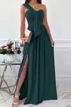 Green Fashion Sexy Solid Patchwork Backless Slit One Shoulder Evening Dress Dresses