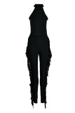 Black Fashion Casual Solid Tassel Patchwork O Neck Sleeveless Two Pieces