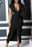 Zwarte mode sexy effen uitgeholde jurk met v-hals en korte mouwen