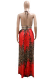 Conjunto de tres piezas de trajes de baño sin espalda con vendaje de leopardo estampado sexy de moda roja (con rellenos)