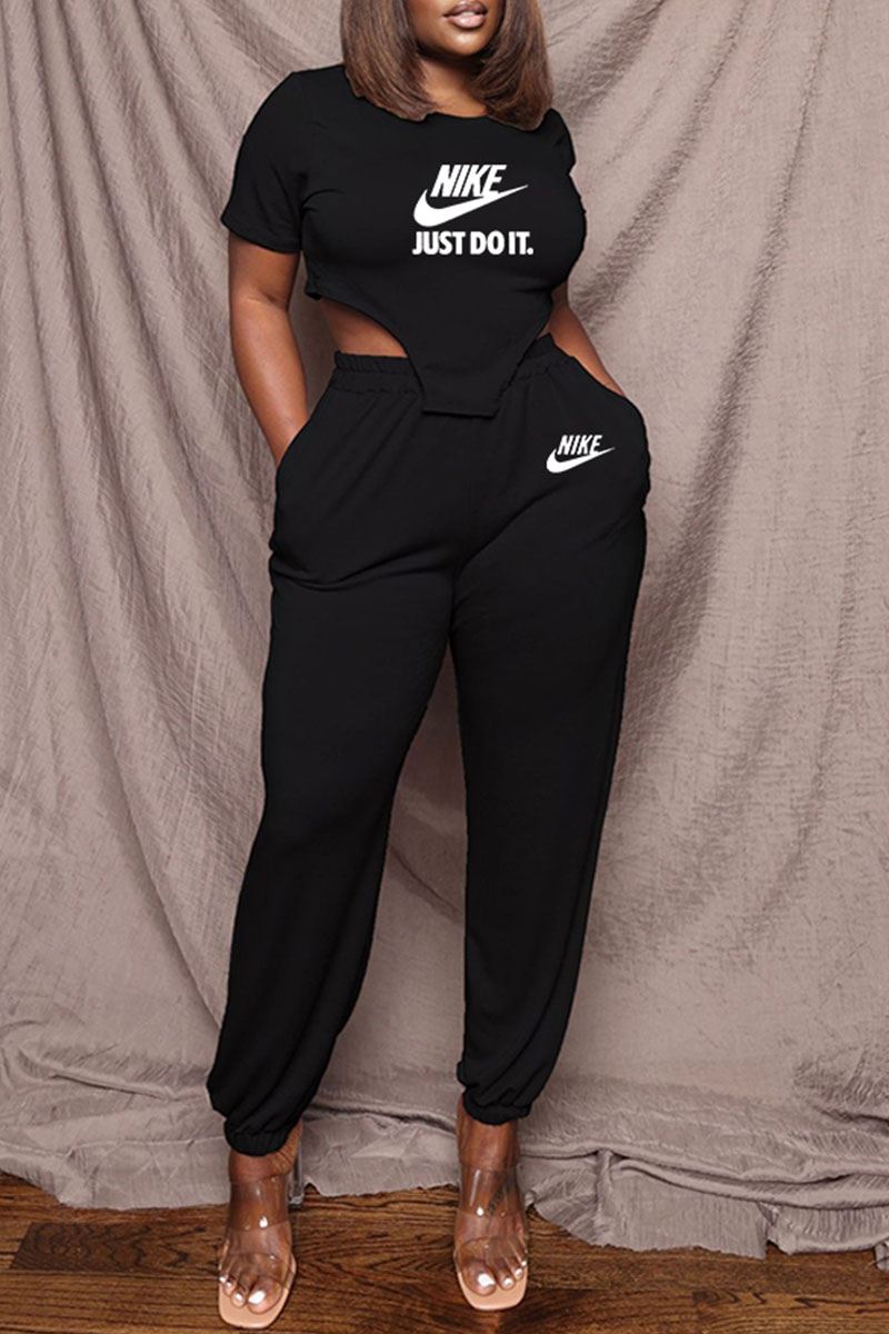 

Black Fashion Sportswear Print Letter O Neck Short Sleeve Two Pieces