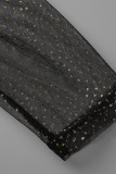 Черные модные повседневные однотонные лоскутные прозрачные комбинезоны с круглым вырезом и обычным вырезом