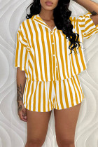 Yellow Casual Striped Print Patchwork Buckle Turndown Collar Short Sleeve Two Pieces
