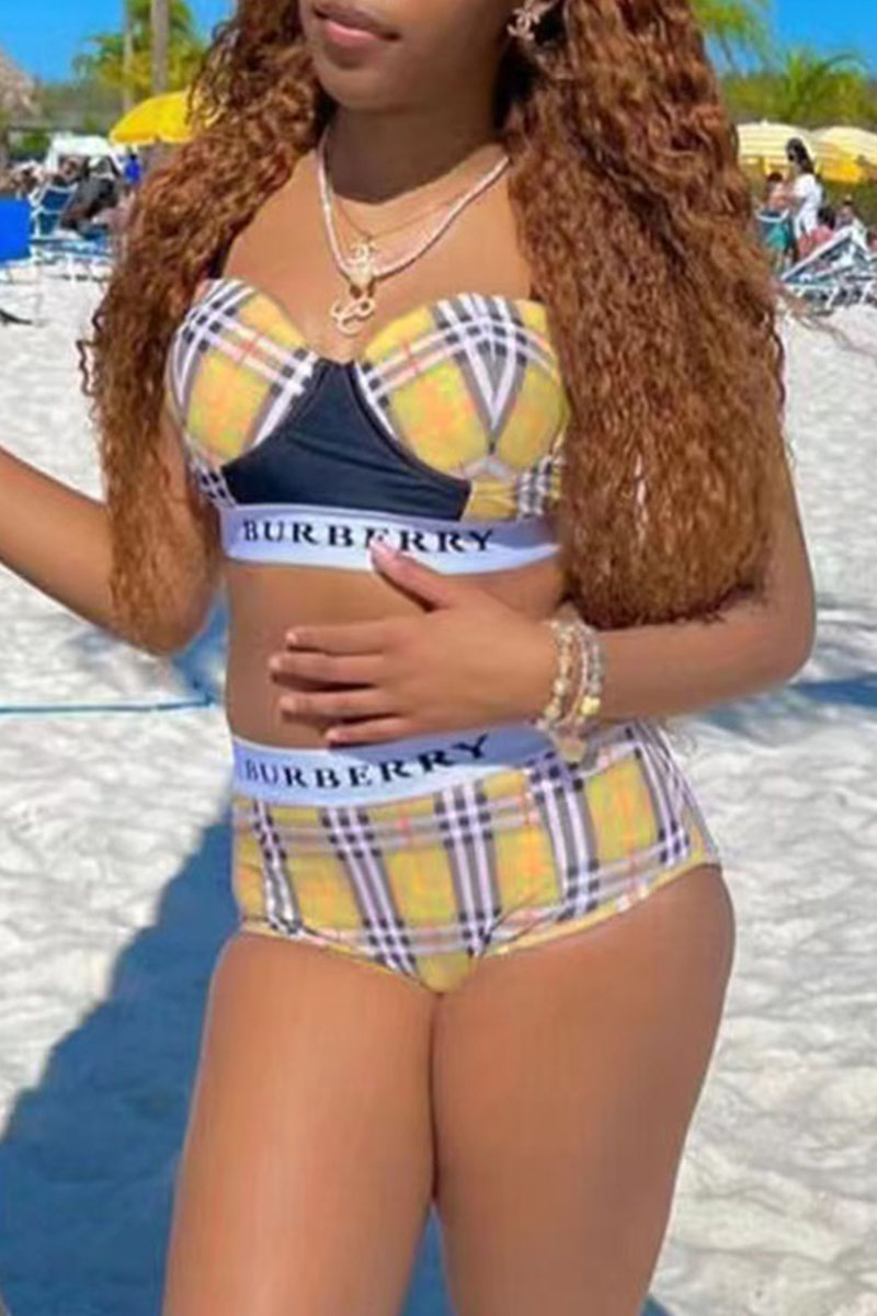 

Yellow Fashion Sexy Plaid Split Joint Swimwears