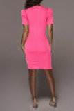 Розово-красное модное повседневное однотонное базовое платье с V-образным вырезом и коротким рукавом Платья