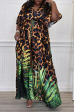 Vestido multicolorido moda casual plus size estampa leopardo básico decote em v manga curta