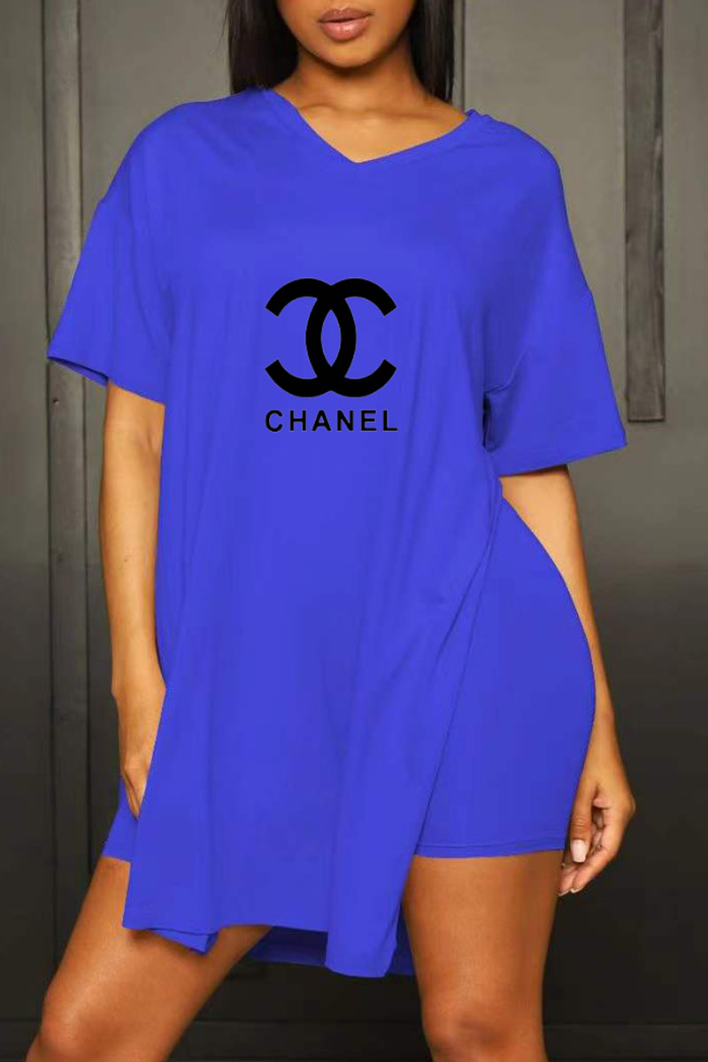 

Blue Fashion Casual Print Letter V Neck Short Sleeve Two Pieces