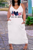 White Red Fashion Casual Plus Size Print Basic V Neck Sling Dress