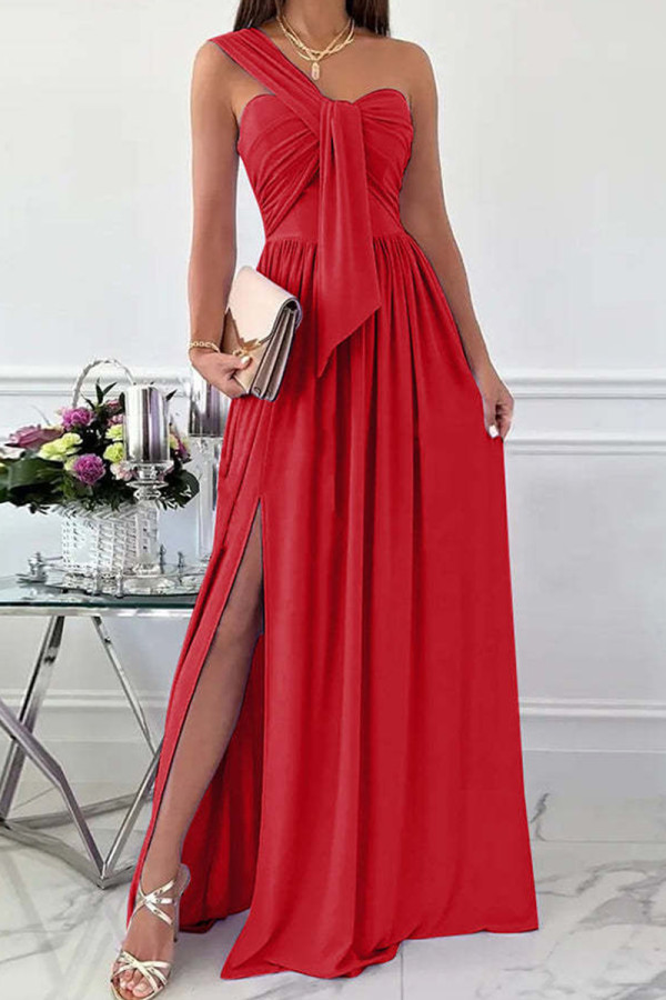 赤いファッションセクシーなソリッドパッチワーク背中の開いたスリットワンショルダーイブニングドレスドレス