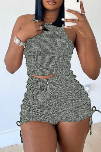 Grey Fashion Casual Solid Draw String Frenulum O Neck Sleeveless Two Pieces