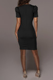 Черное модное повседневное однотонное базовое платье с V-образным вырезом и коротким рукавом Платья