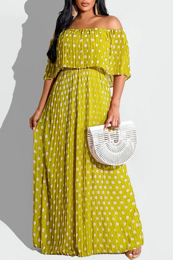 Gele mode casual dot print patchwork backless off-shoulder lange jurk