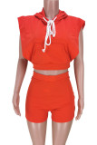 Tangerine Red Casual Solid Patchwork Hooded Collar Short Sleeve Two Pieces