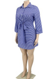 ブルーカジュアルストライププリント包帯パッチワークバックルターンダウンカラーストレートプラスサイズのドレス