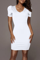 Vestido de manga corta con cuello en V básico sólido casual de moda blanco Vestidos