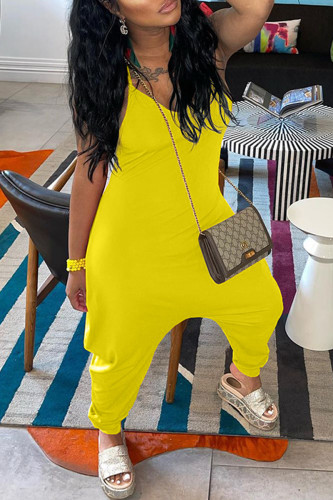 Yellow Fashion Casual Solid Backless Spaghetti Strap Regular Jumpsuits