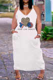 ホワイトブルーファッションカジュアルプラスサイズプリントベーシックVネックスリングドレス