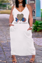Weiß Mode Casual Plus Size Print Basic V-Ausschnitt Sling Dress