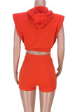 Tangerine Red Casual Solid Patchwork Hooded Collar Short Sleeve Two Pieces
