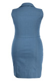 Vestido de mezclilla con cuello vuelto de patchwork sólido de talla grande casual de moda azul