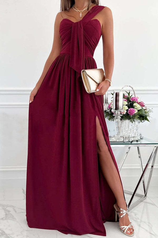 Бордовое модное сексуальное однотонное вечернее платье в стиле пэчворк с открытой спиной и разрезом на одно плечо Платья