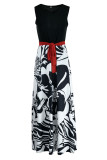 ブラック ファッション カジュアル プリント パッチワーク ベルト付き O ネック ノースリーブ ドレス