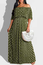 Army Green Fashion Casual Punktdruck Patchwork rückenfreies schulterfreies langes Kleid