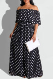Zwarte mode casual stippen print patchwork backless off-shoulder lange jurk