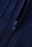 ブルー ファッション カジュアル ソリッド パッチワーク ジッパー カラー ショート スリーブ スキニー デニム ジャンプスーツ