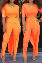 Оранжевый модный повседневный однотонный выдолбленный пэчворк с круглым вырезом с коротким рукавом из двух частей