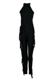 Black Fashion Casual Solid Tassel Patchwork O Neck Sleeveless Two Pieces