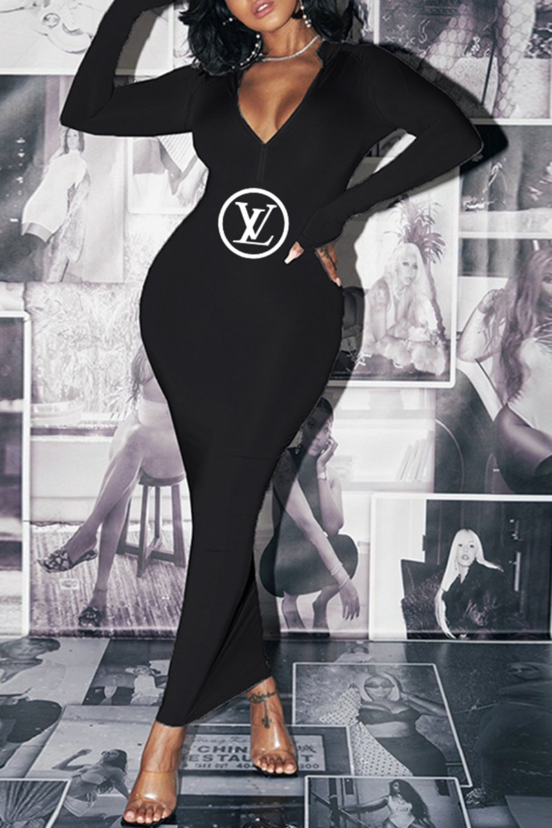 

Black Fashion Sexy Print Letter Zipper Collar One Step Skirt Dresses