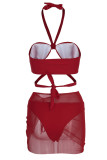 Красный сексуальный сплошной бандаж в стиле пэчворк Draw String Fold Swimwear