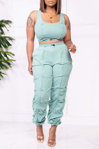 Cyan Casual Solid Patchwork U Neck Sleeveless Two Pieces
