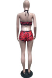 Red Fashion Sexy Print Bandage Backless Halfter Sleeveless Two Pieces