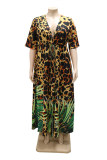 Vestido multicolorido moda casual plus size estampa leopardo básico decote em v manga curta
