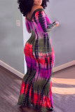 Vestidos de manga larga con cuello en V y estampado casual de moda púrpura