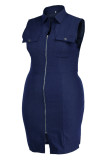Light Blue Fashion Casual Plus Size Solid Patchwork Turndown Collar Denim Dress