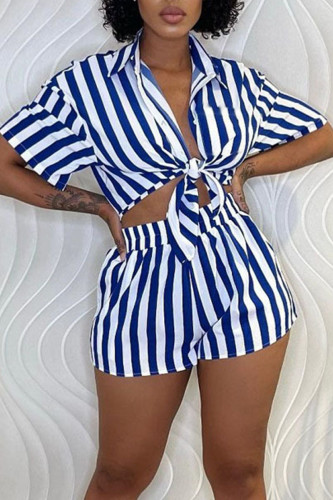 Blue Casual Striped Print Patchwork Buckle Turndown Collar Short Sleeve Two Pieces