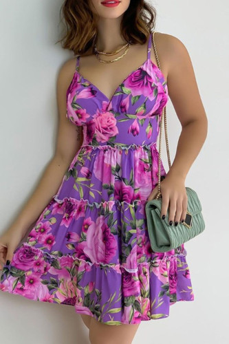 Purple Sweet Print Patchwork Spaghetti Strap Sling Dress Dresses